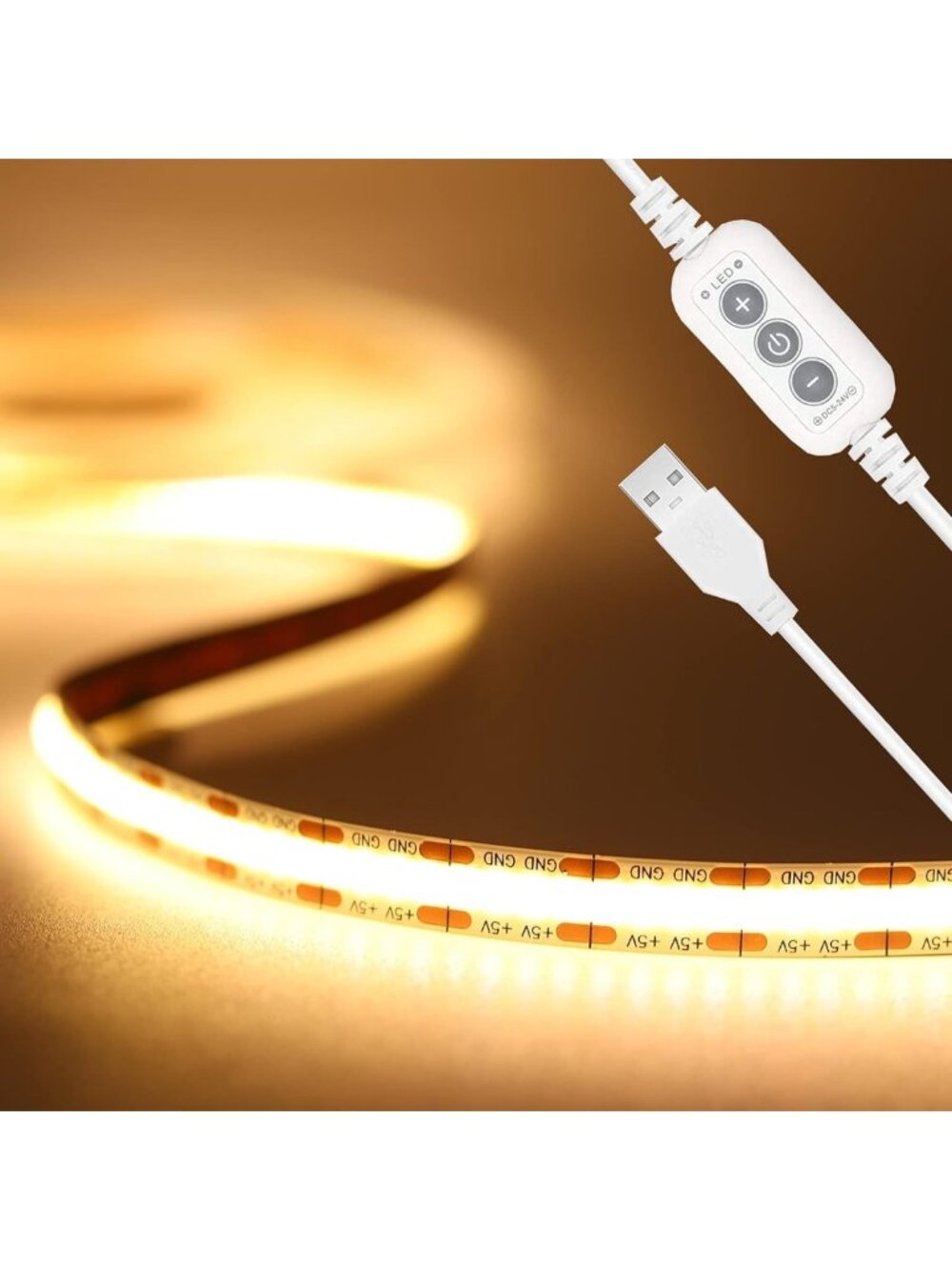 Dimmable 9.84ft COB LED Strip Light - 640 LEDs, Warm White, USB TV Backlight
